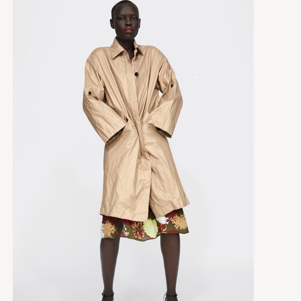 Zara Wrinkle Look Button Down Trench Coat w/ Adjustable Sleeves Strap | NWT